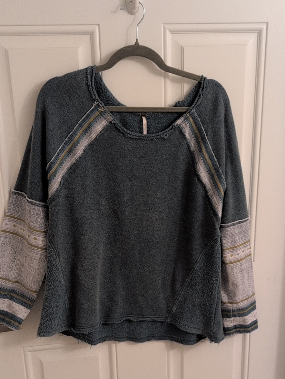 Free People Teal Blue Mixed Media Printed Sleeve Boho Top OB531548 Size M
